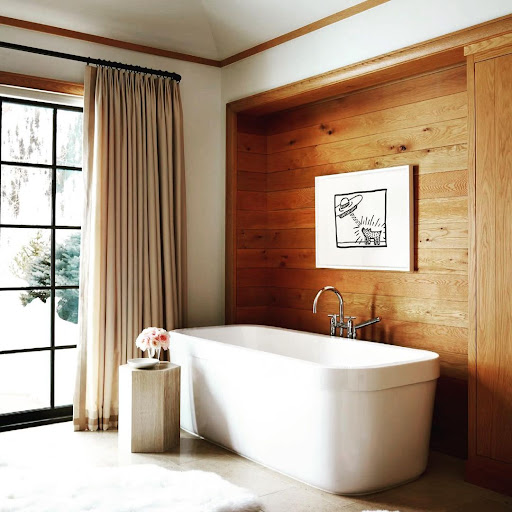 shiplap bathroom with wooden accent wall