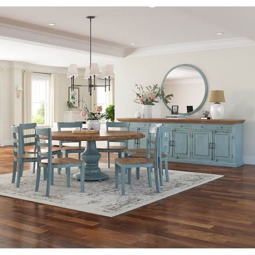 coastal dining room with distressed mirror