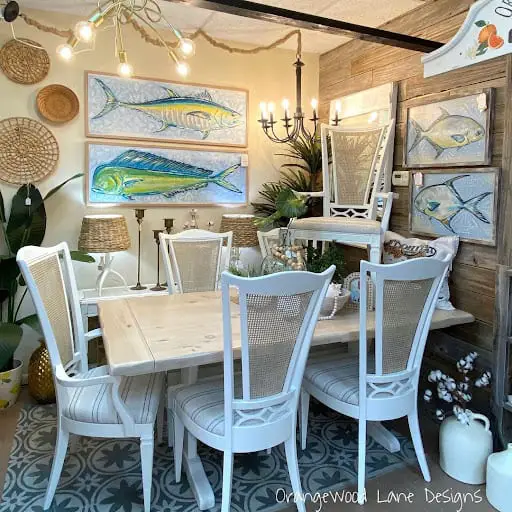 coastal dining room with wall art