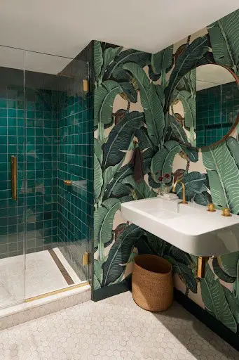 art deco bathroom idea with wallpaper