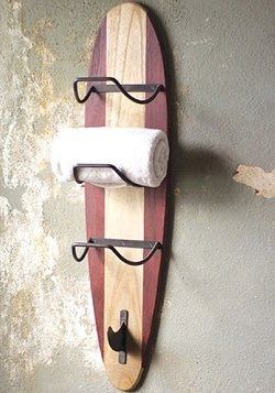 surferboard towel rack idea in the bathroom