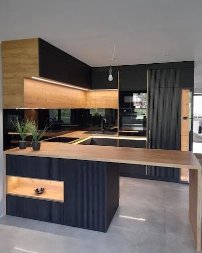 black and wood floor to ceiling cabinets