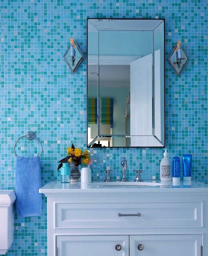 bathroom backsplash idea with blue mosaic tiles