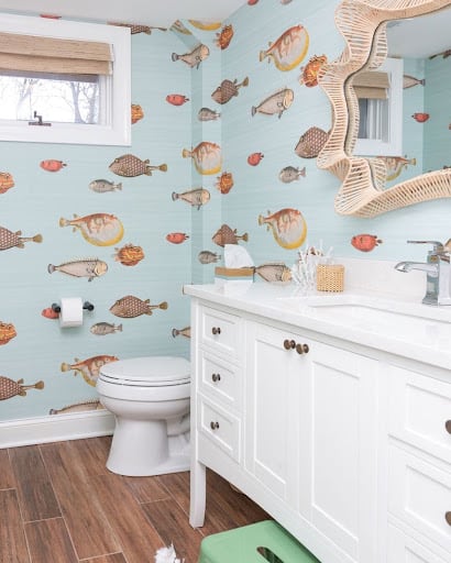 bathroom idea with fish wallpaper