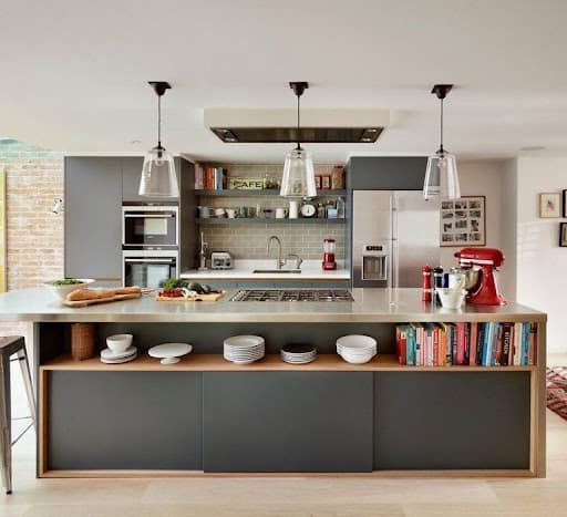 kitchen island decir with cookbooks