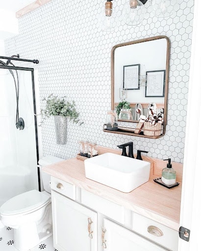 hexagon tile backsplash in the bathroom