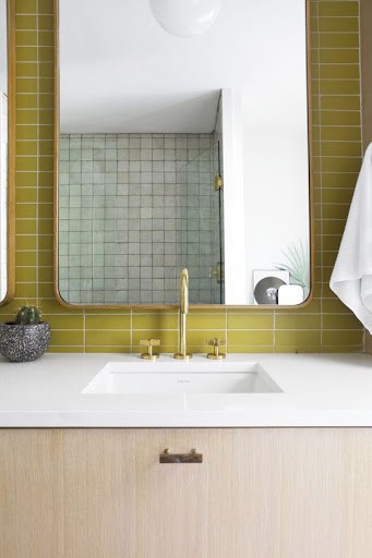 mustard yellow tiles in the bathroom