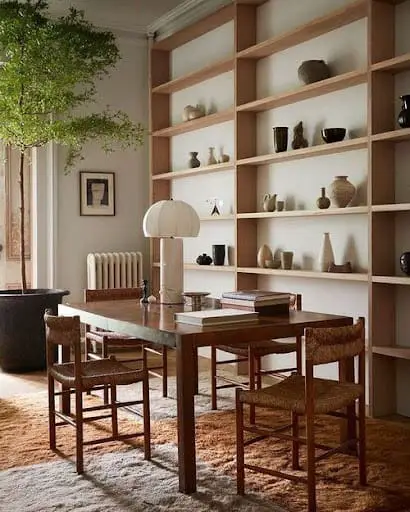 open storage shelves in dining room