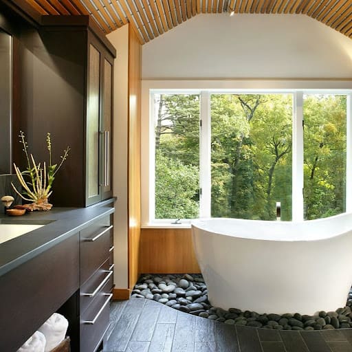 river rocks in japanese bathroom idea