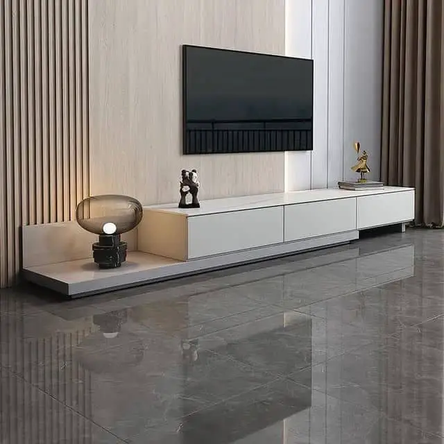 contemporary tv console design with sculptures and lamp