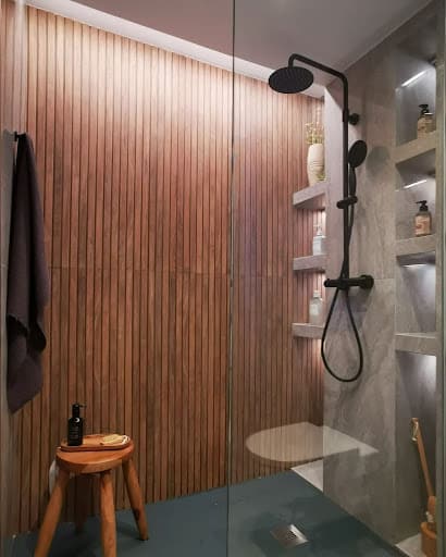 wooden paneling in japanese bathroom