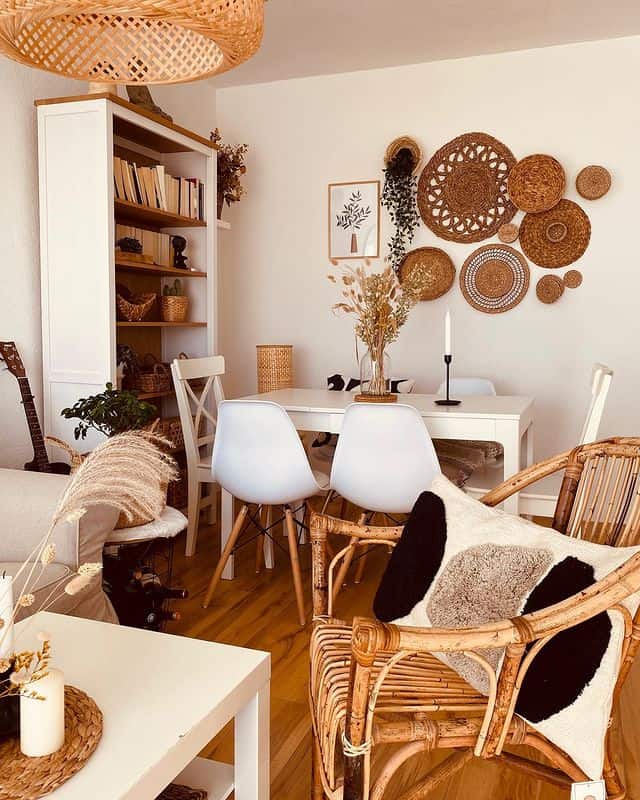 boho living room with wall baskets