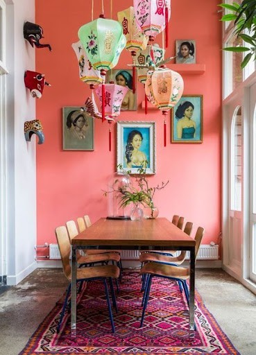 bright dining room accent wall