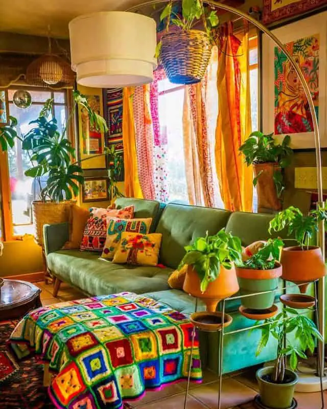 boho living room with patterns
