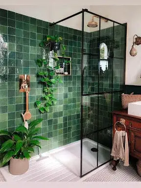 green subway tle shower in bathroom