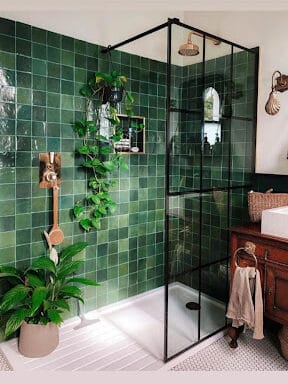 green subway tle shower in bathroom