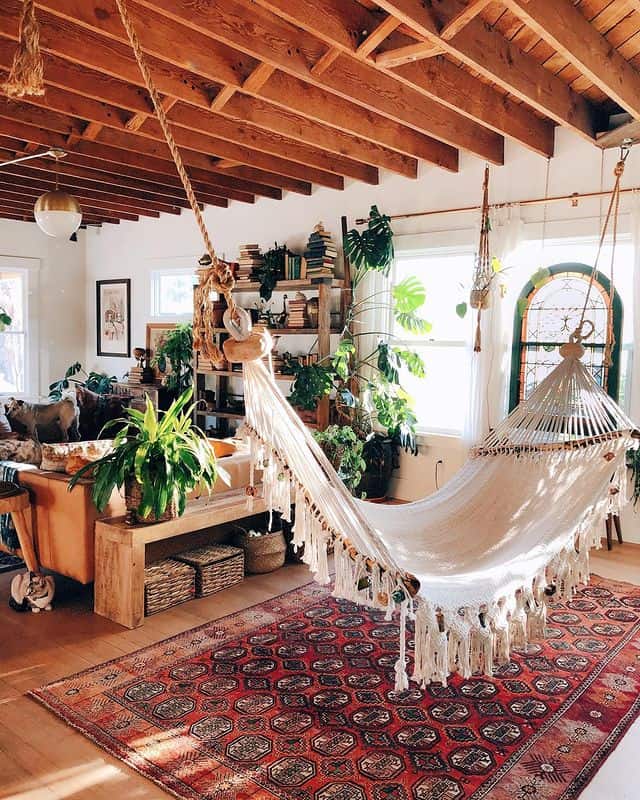 hammock chair in boho living room