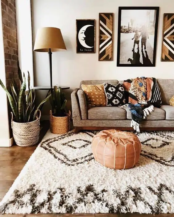 boho living room with rugs