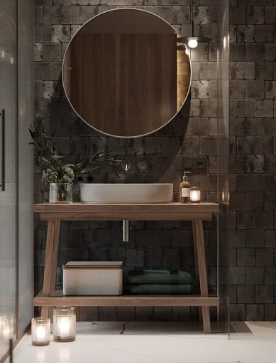 powder room vanity with a round mirror