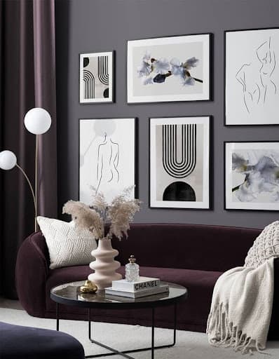 charcoal gray and mauve living room design