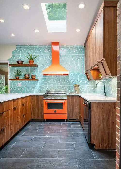 geometric patterned backsplash in mid-century modern kitchen