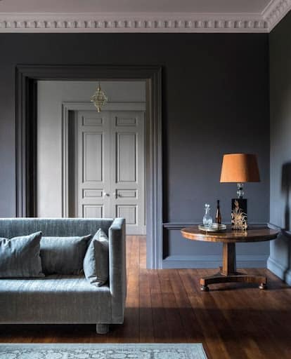 blue and charcoal gray living room