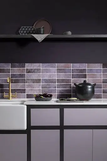 purple and charcoal gray kitchen design