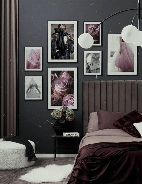 women bedroom with gallery wall