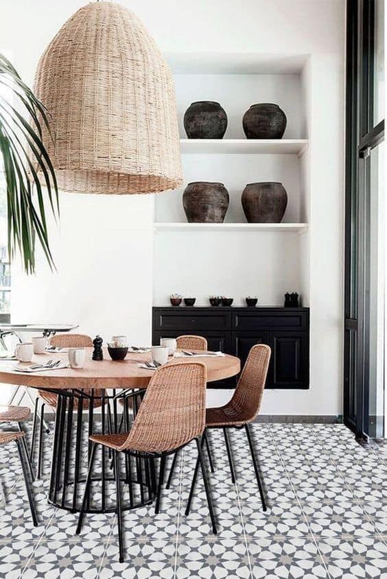 modern farmhouse dining room idea with wicker lights