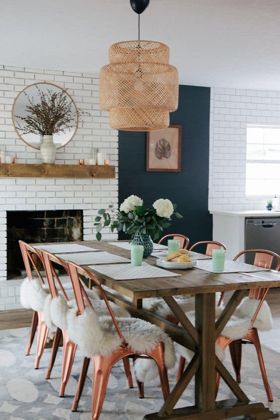 farmhouse dining room design idea with subway tiling