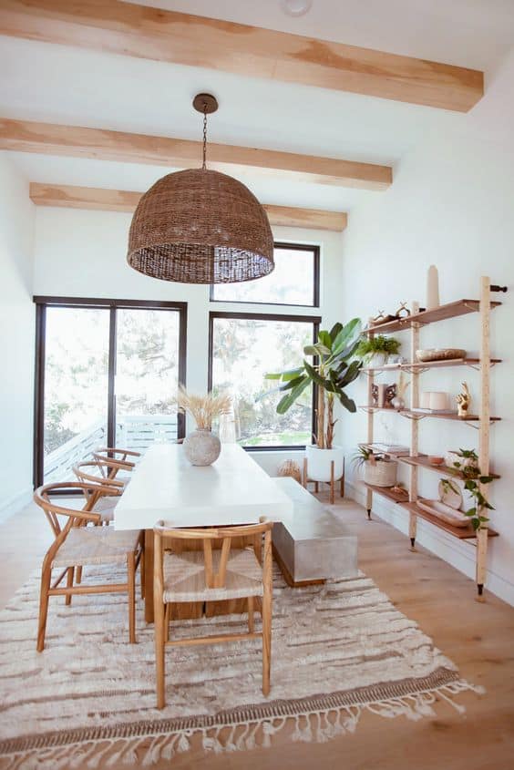 modern farmhouse dining room idea with open shelving