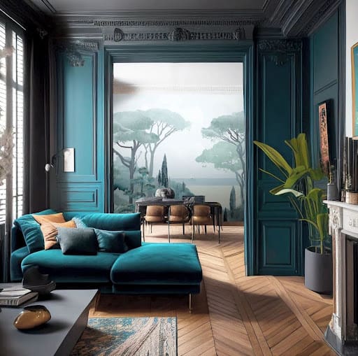 teal and brown living room