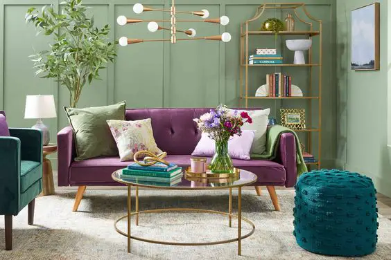 green, purple and teal living room