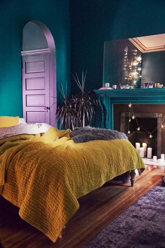 purple, teal  and mustard room