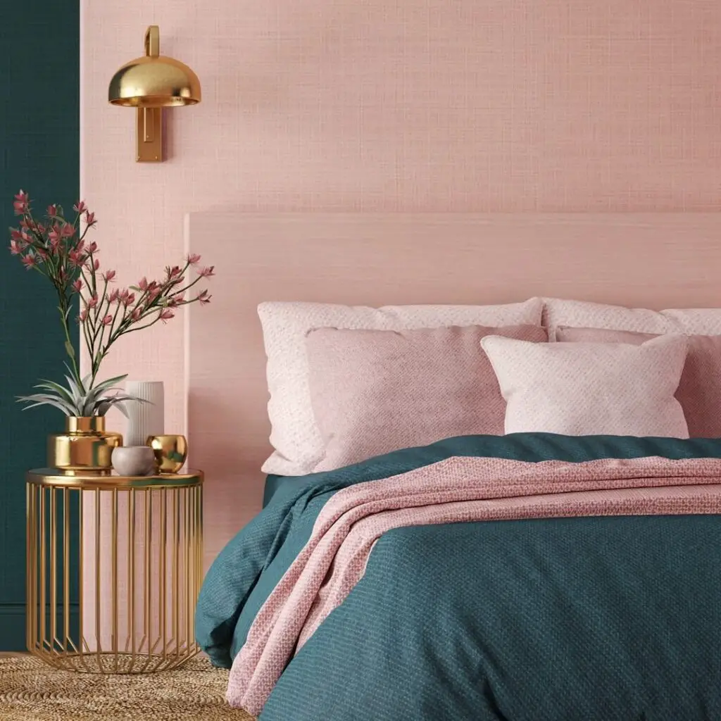teal, pink and gold bedroom