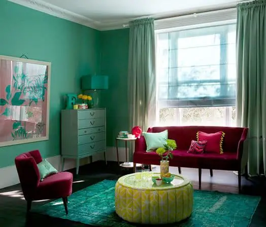 teal and raspberry living room