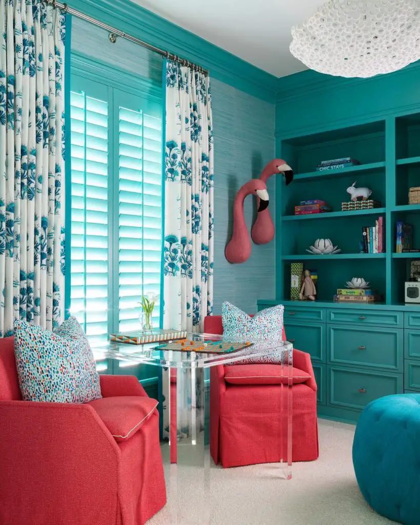 teal, turquiose and coral livng room