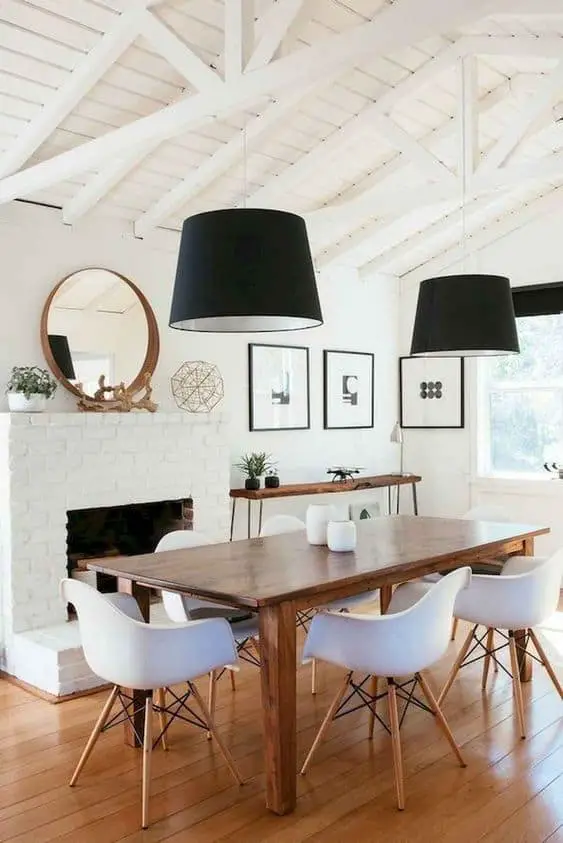white farmhouse dining room with fireplace