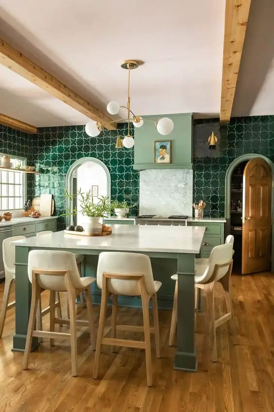 green tiles in the kitchen