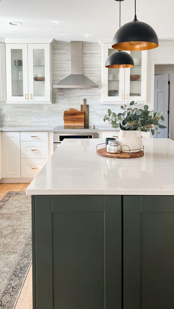 white and sage green kitchen 