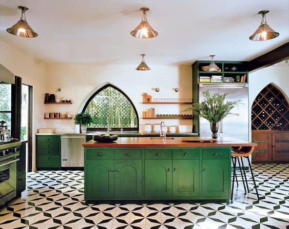 white kitchen with green cabinets