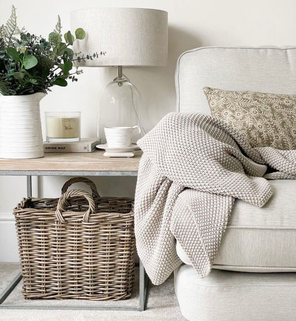 woven basket under end table