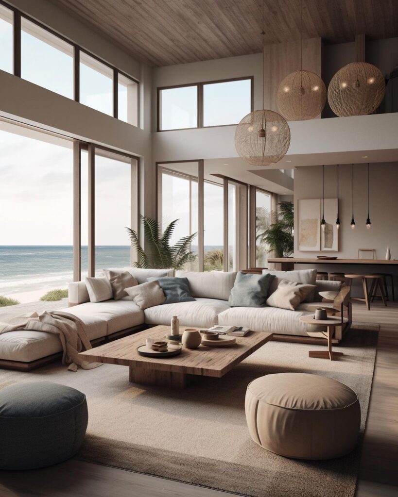 beach themed living room with shiplap ceiling