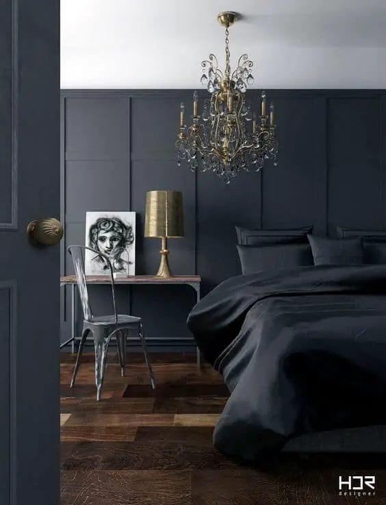 luxury black bedroom idea with gold accents
