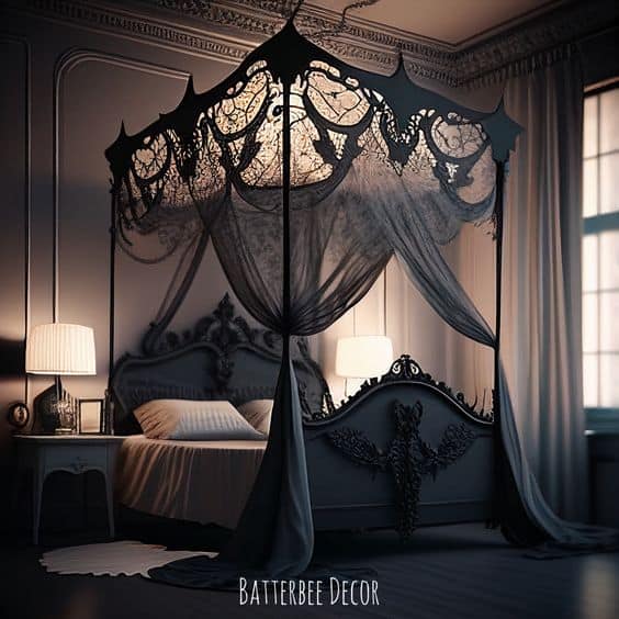 black bedroom with canopy