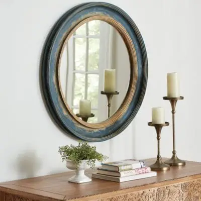 blue and gold entryway mirror design