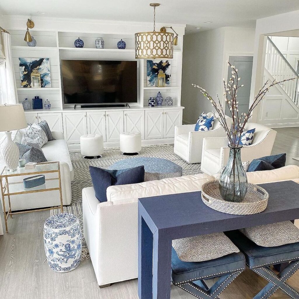 blue and white coastal living room design