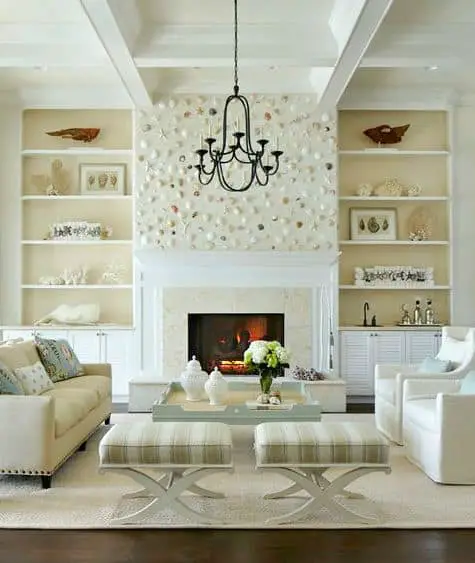 coastal living room with a fireplace