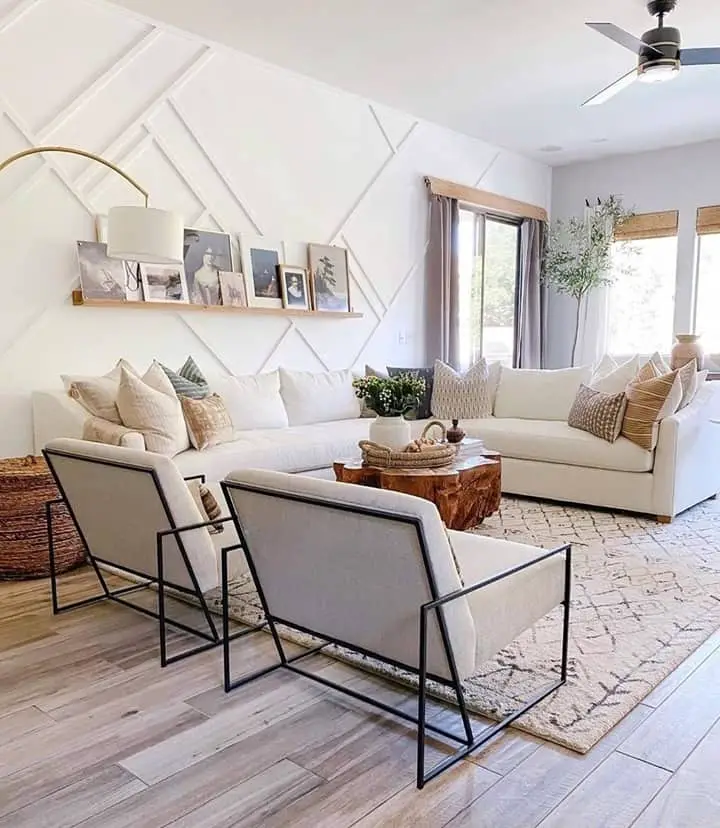 coastal living room with white accent wall