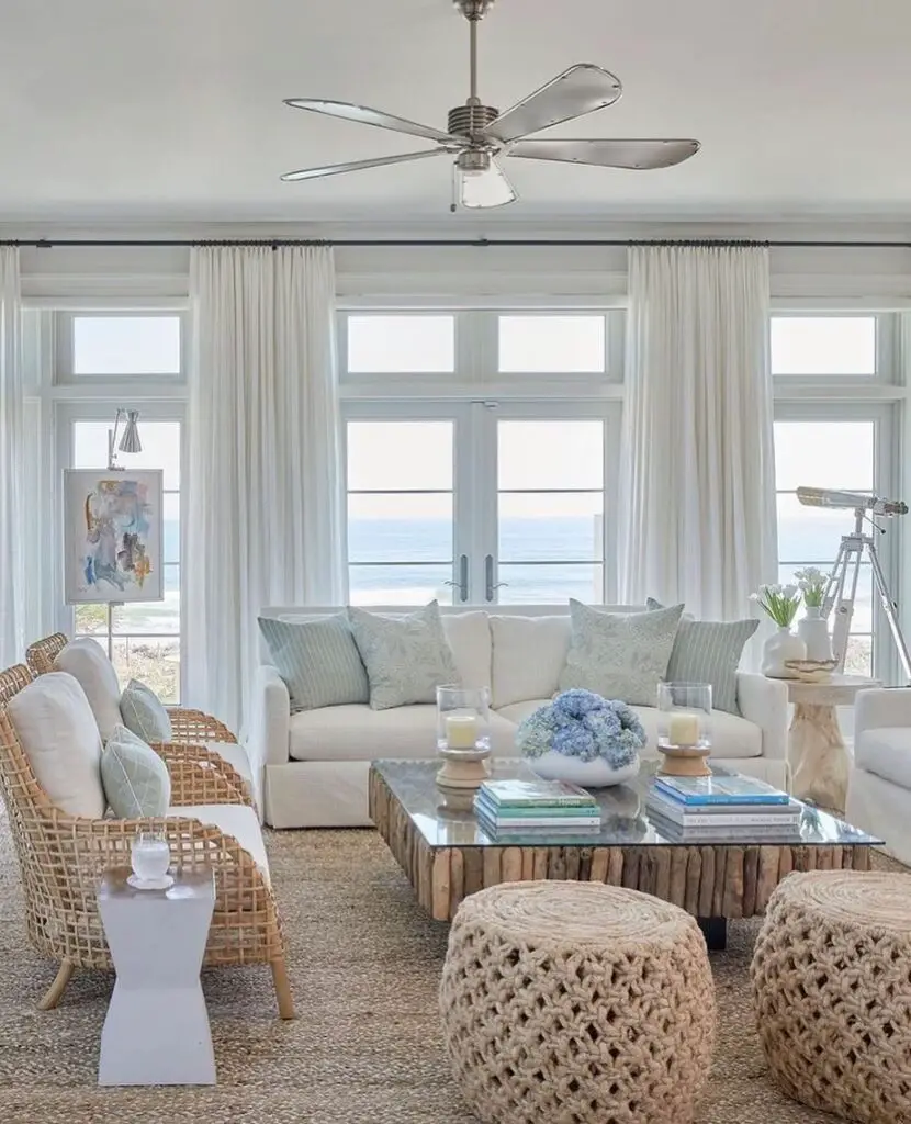 coastal living room with wicker furniture